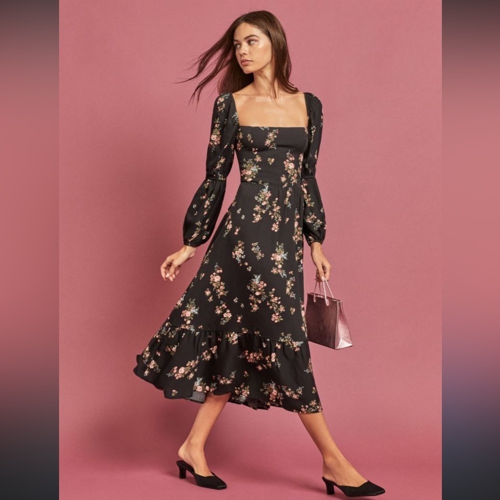 SOLD - Reformation Mica Black Floral Long Sleeve Dress - Picture 3 of 6